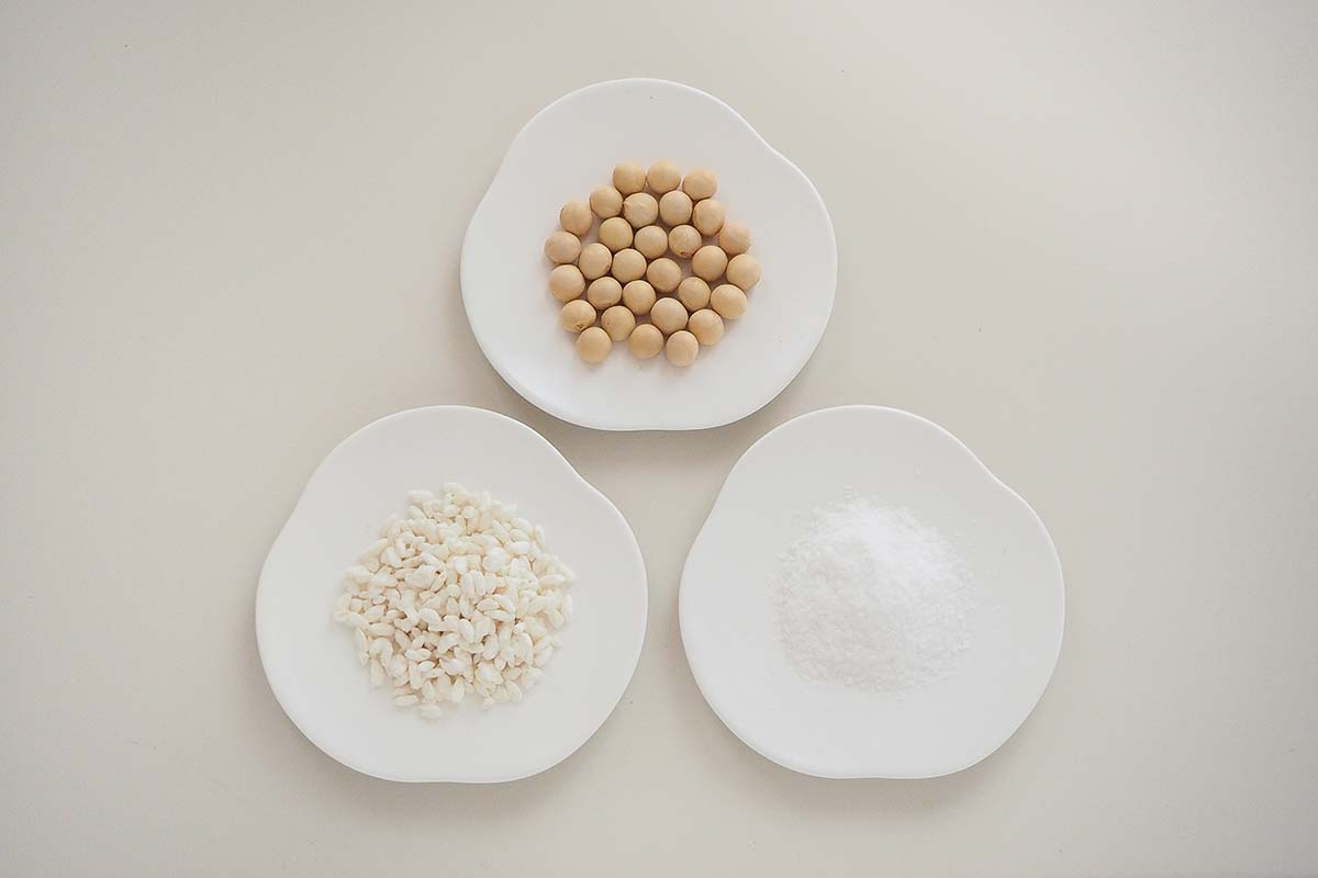 Soybeans, koji and salt each on a plate