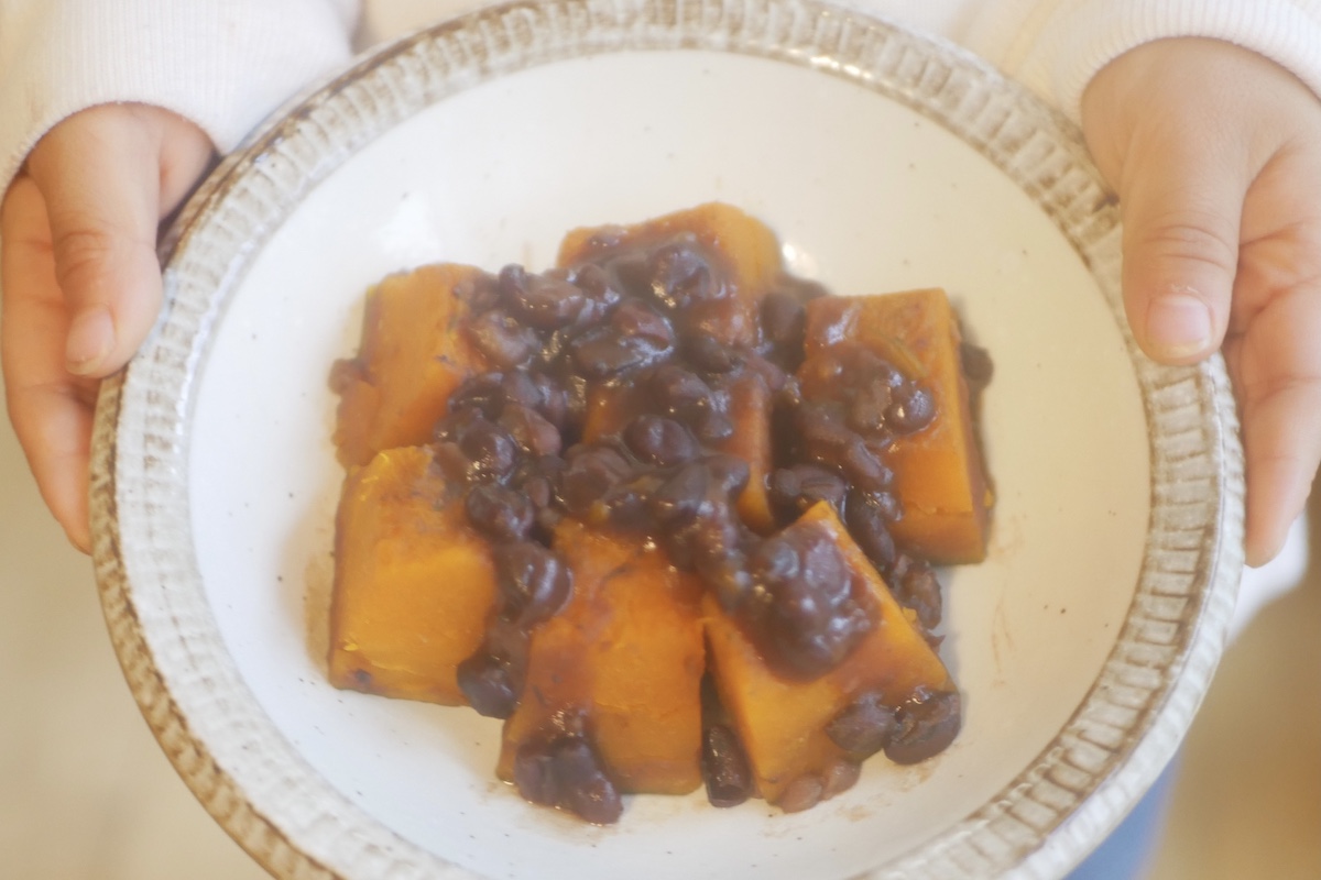 Kabocha with red bean paste on a plate