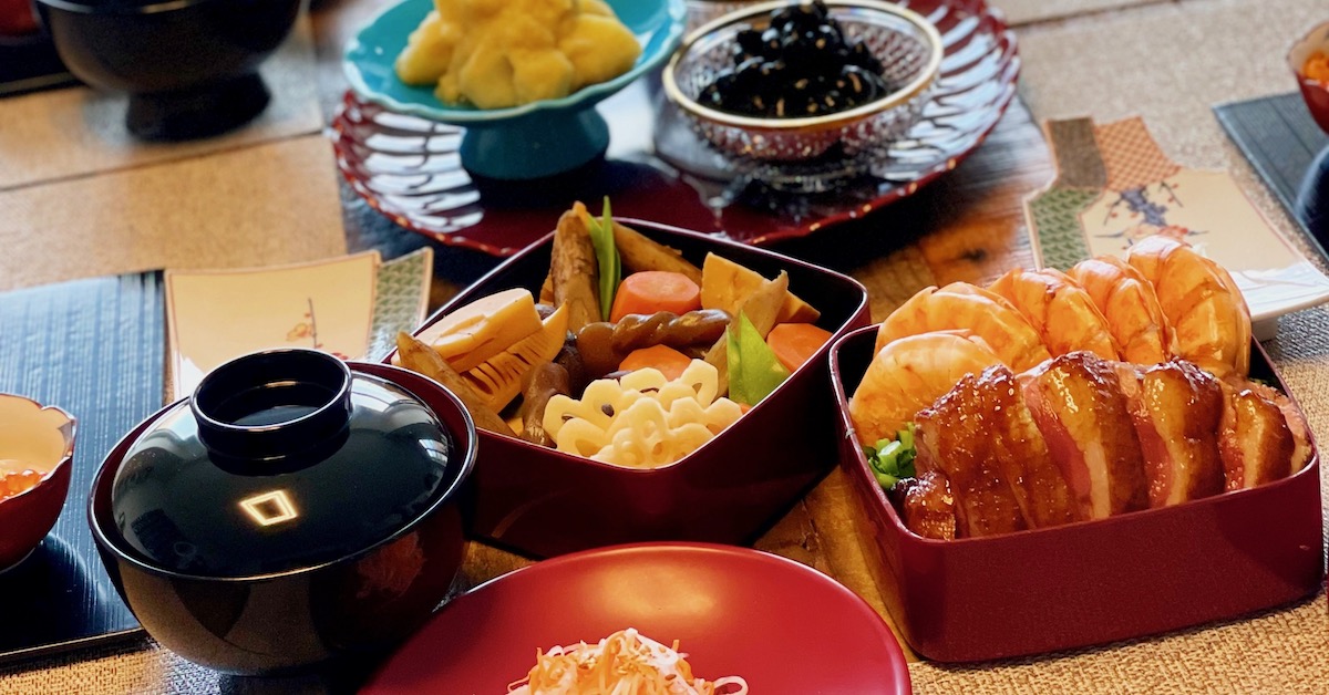 A variety of osechi food on a table