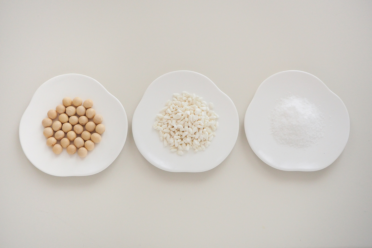 Soy beans, koji and salt each in a white plate arranged in line